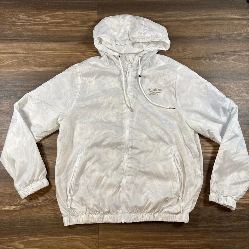 Reebok white windbreaker jacket with subtle marbled texture, size L